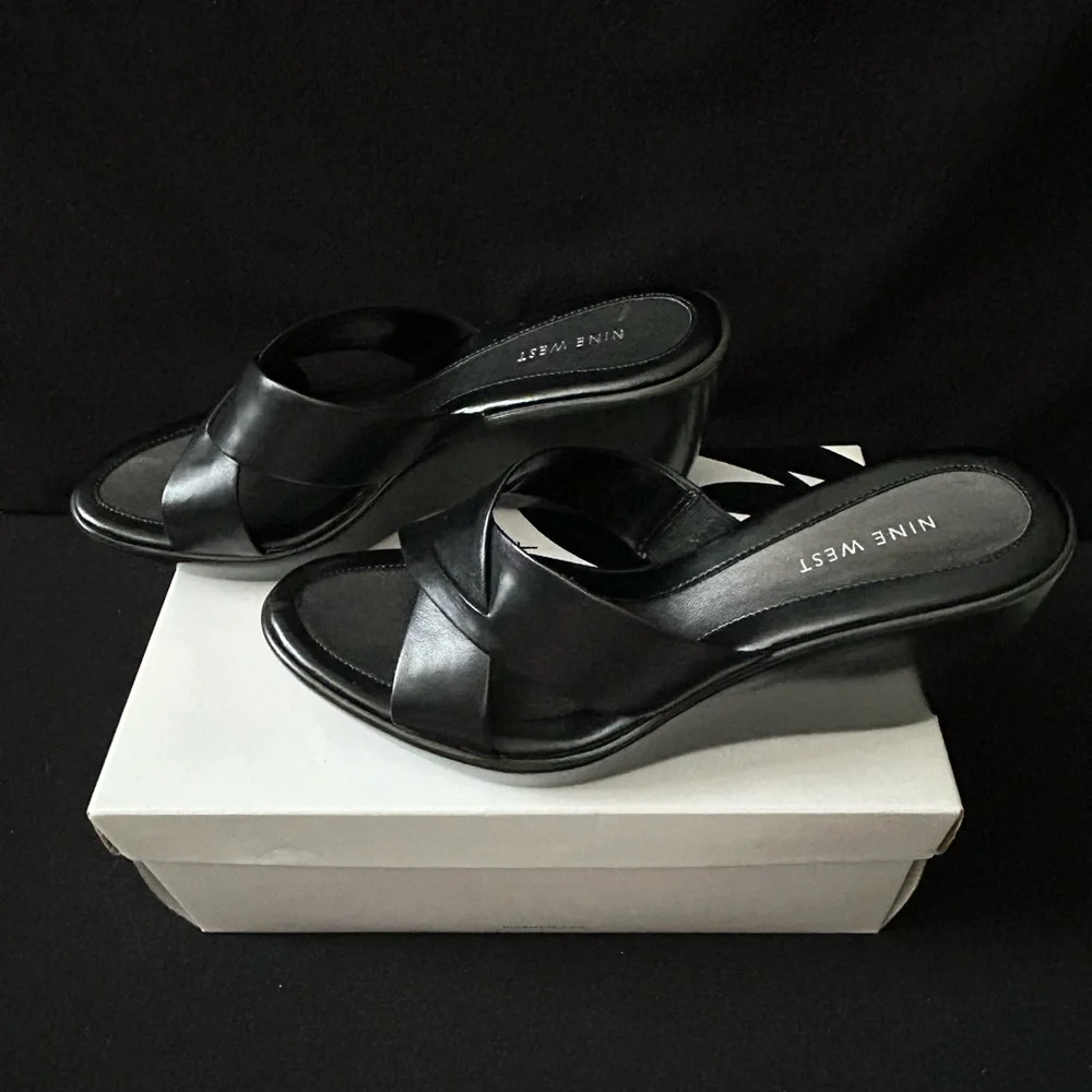 Nine West, Brand New, Black Leather Wedge Heel Sandals, Size 8 M